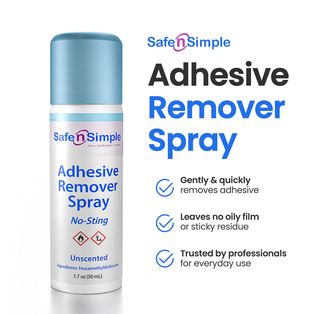 Safe n’ Simple Medical Adhesive Remover Spray for Skin - 1.7 Fl Oz No Sting Alcohol Free Ostomy Adhesive Remover - Gentle Medical Adhesive Removal Spray for Stoma, Urostomy, Ileostomy & Colostomy Care
