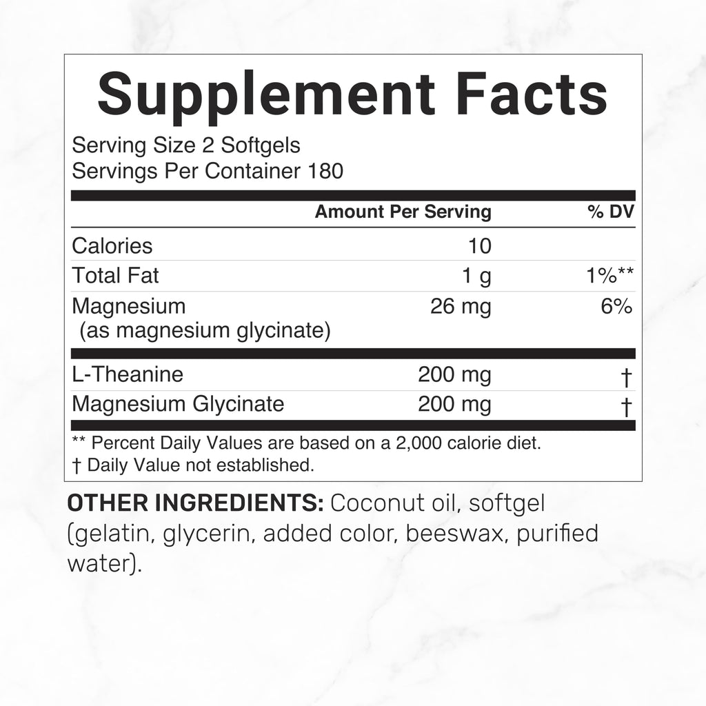 L-Theanine with Magnesium Glycinate, 360 Softgels | L-Theanine 200mg & Magnesium Glycinate 200mg per Serving | 2-in-1 Amino Acid & Mineral Complex | Made with Coconut Oil | Non-GMO, cGMP Manufactured