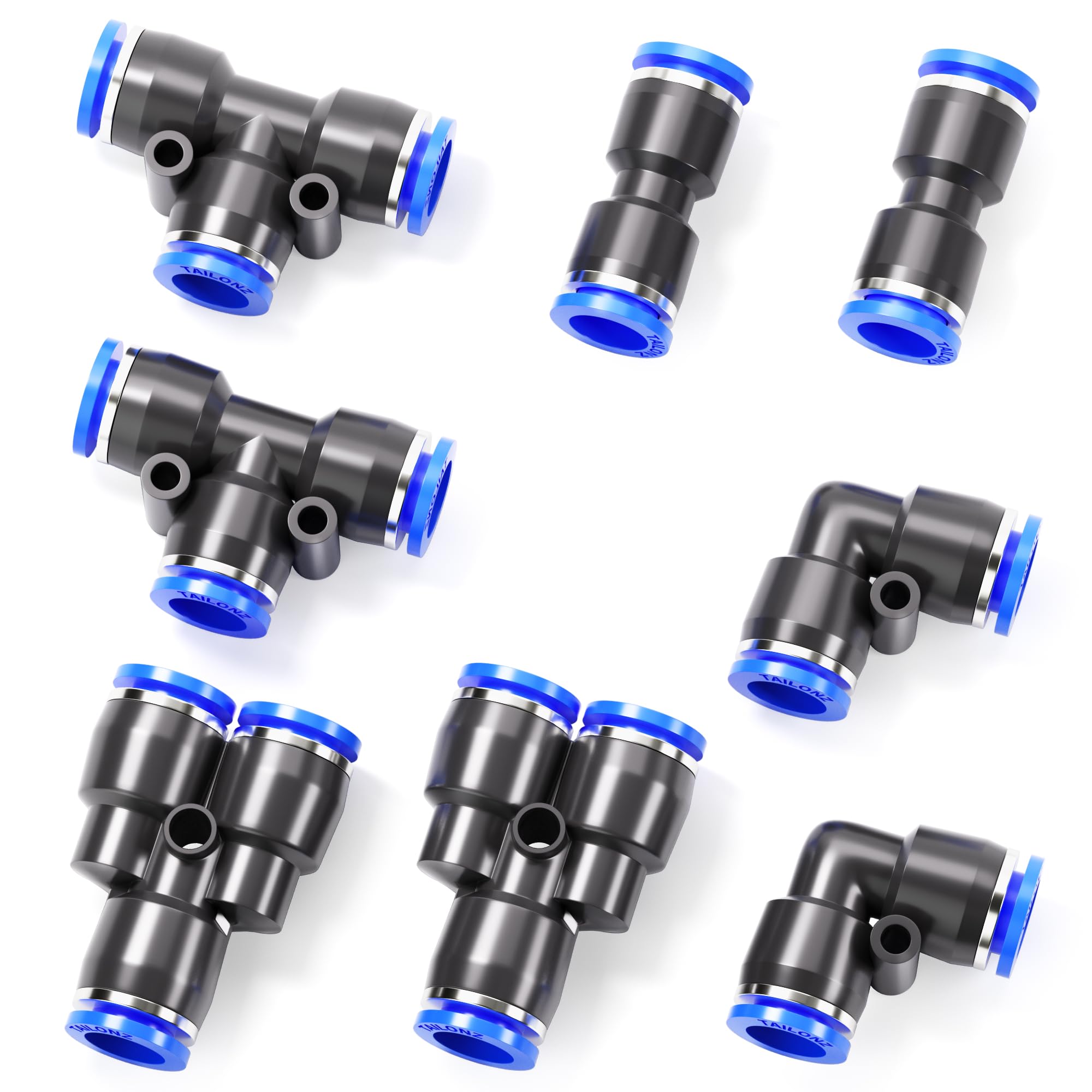 TAILONZ 1/4" Push to Connect Fitting Splitters+Elbows+Tees+Straight 8Pcs