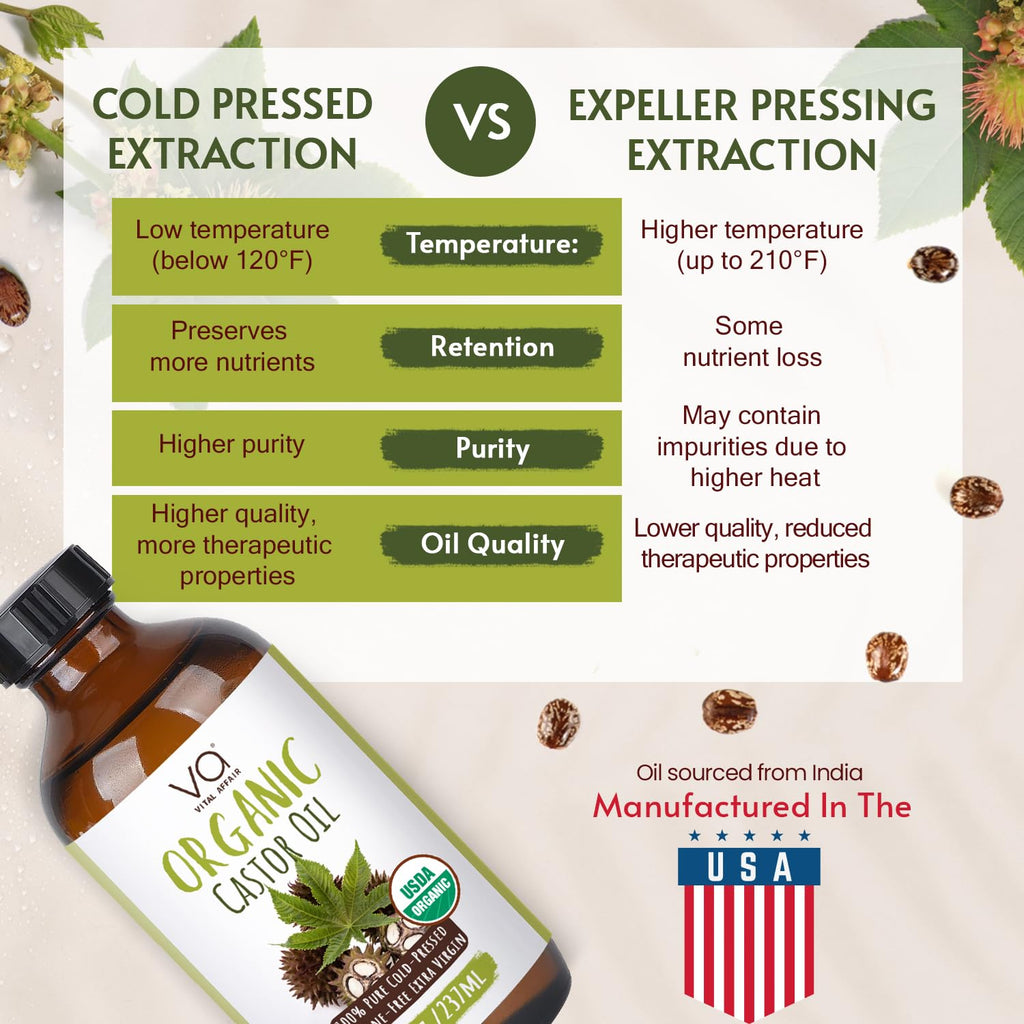 VITAL AFFAIR Castor Oil Organic Cold Pressed Unrefined Glass Bottle - USDA Certified Castor Oil For Hair Growth, Skin, Eyelashes, Eyebrows & Nails - 8 Fl Oz