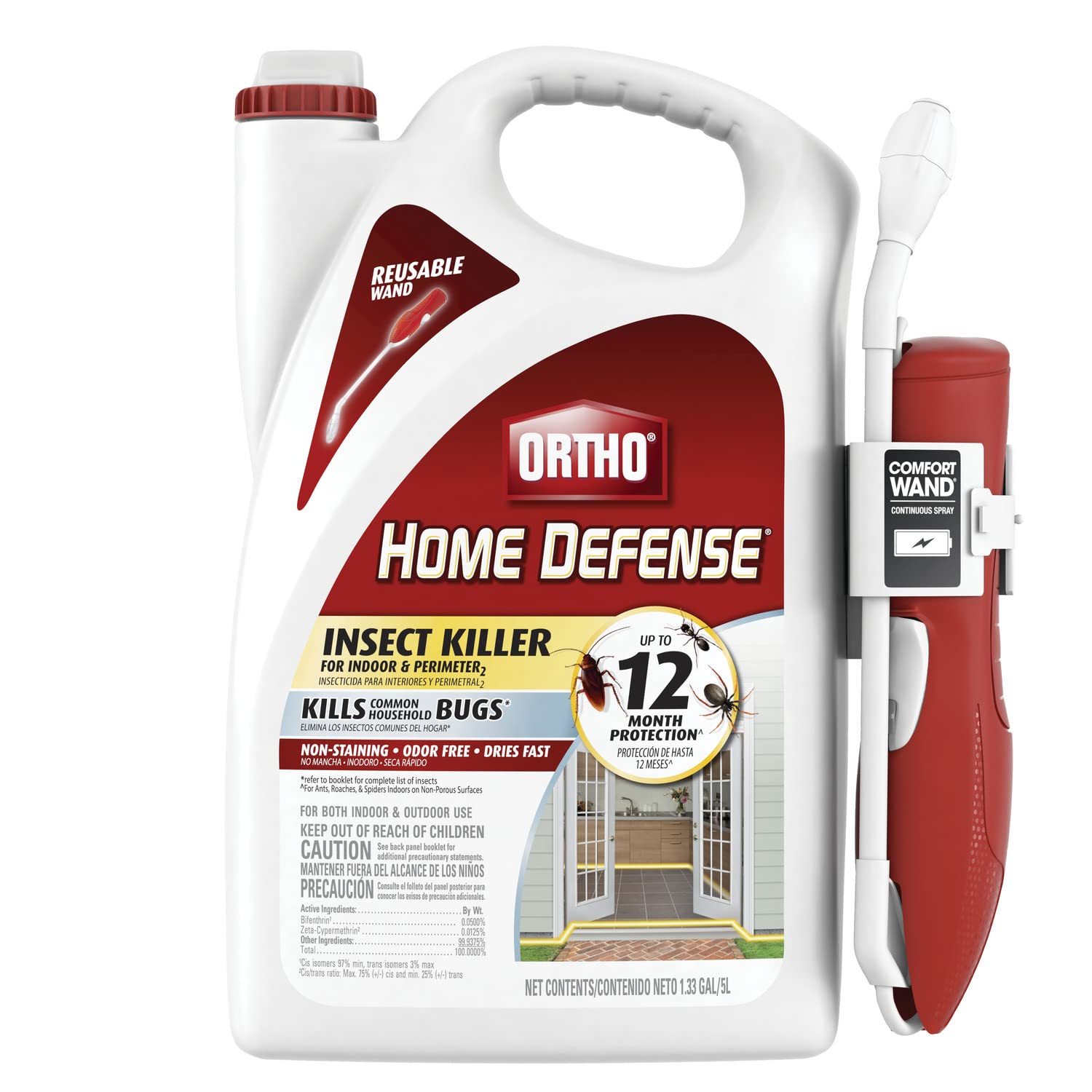 Ortho Home Defense Insect Killer for Indoor and Perimeter2 with Comfort Wand - Ready to Use Bug Spray, Kills Ants, Cockroaches & Spiders, 1.33 gal.