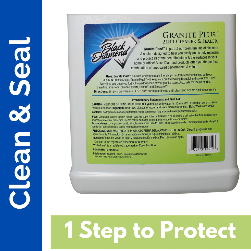 Black Diamond Stoneworks GRANITE PLUS! 2 in 1 Cleaner & Sealer for Granite, Marble, Travertine, Limestone, Ready to Use! (1-Quart/1-Gallon)