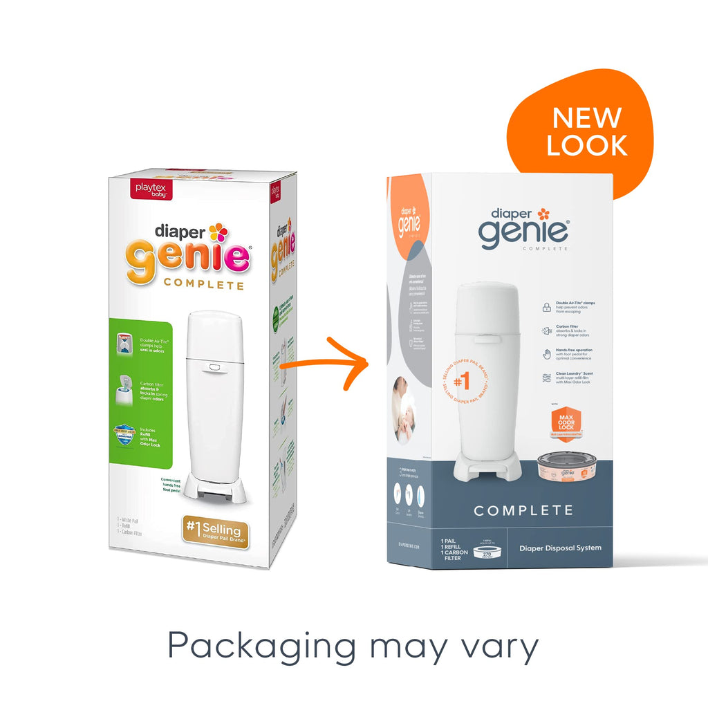 Diaper Genie Complete Diaper Pail (White) – Includes 1 Refill (Holds 270 Newborn Diapers) & 1 Carbon Filter