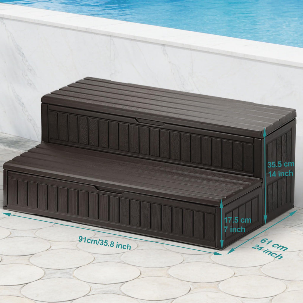 ROMIVO Hot Tub Steps with Storage Extra Wide, 2-Step Spa Stairs — Non-Slip Heavy Duty 500 lbs, Easy Assembly, Slip-Resistant, Universal for Hot Tub, RV, Camper, Pool Deck & Bath — Fits Any Size, Brown