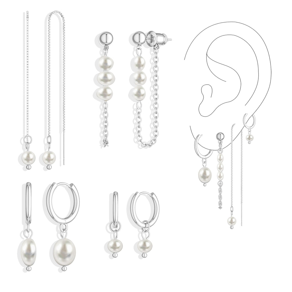 Moodear Silver Earrings for Women, 925 Silver Pearl Earring Stacks Jewelry