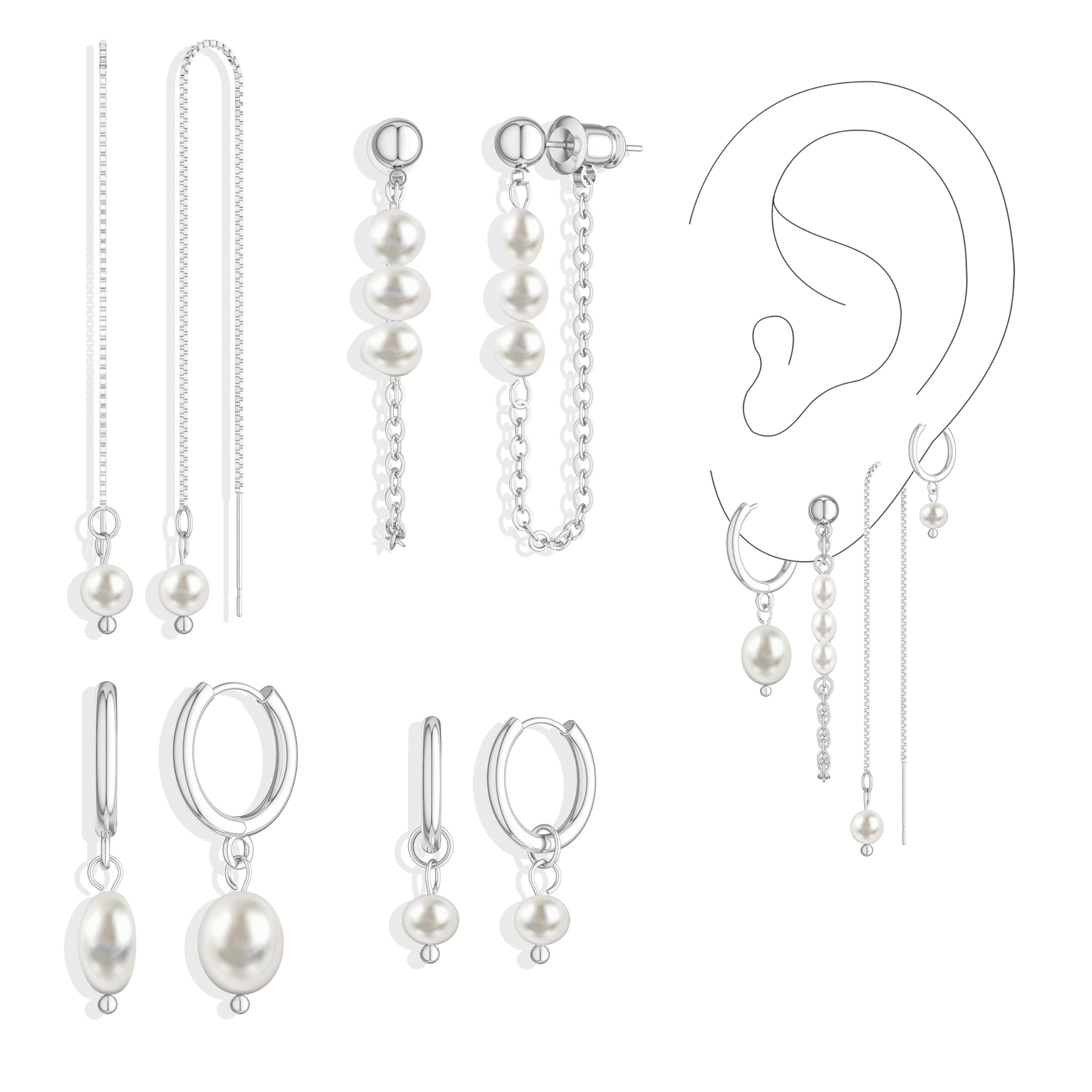Moodear Silver Earrings for Women, 925 Silver Pearl Earring Stacks Jewelry