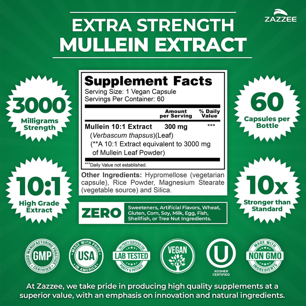 Zazzee Extra Strength Mullein 10:1 Extract, 3000 mg Strength, 60 Vegan Capsules, 2 Month Supply, Certified Kosher, Lung and Respiratory Support, 100% Pure Leaf Powder, Non-GMO, Made in The USA