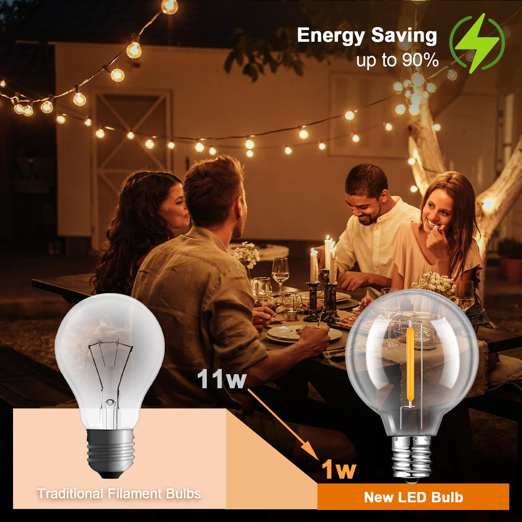 GvvooHome 25 Pack G40 LED Replacement Light Bulbs, Waterproof Clear Globe Light Bulb E12 Screw Base for Outdoor String Lights, Patio Cafe Décor, Dimmable, Warm White