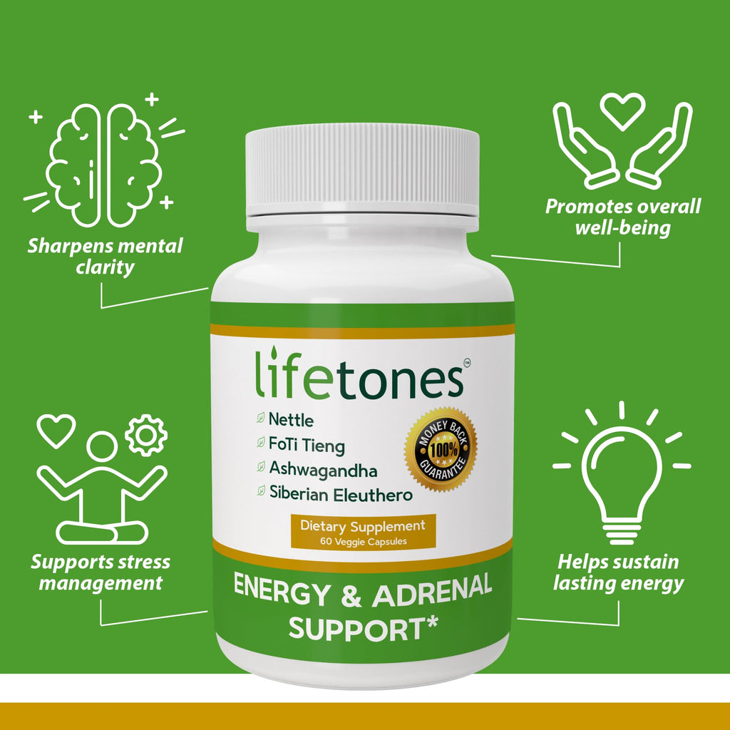 Life Tones Energy & Adrenal Support Capsules - Natural Energy Boost, Stress Relief, and Adrenal Health Formula - 60 Vegan Vitamins