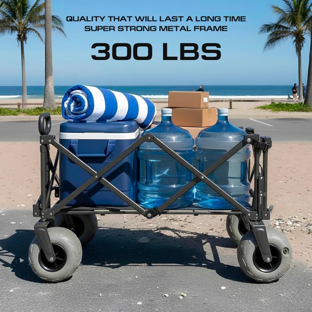 Beach Wagon with Big Wheels for Sand 9" PU Tires Collapsible Wagon, Black