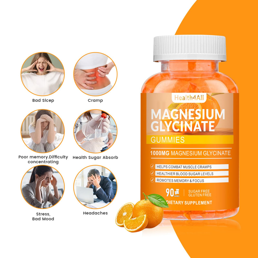 Magnesium Glycinate Gummies 1000mg, High Absorption Sugar Free Magnesium Potassium Supplement for Relaxation, Stress Relief, and Sleep Support for Adults & Kids - 180 Orange Gummies