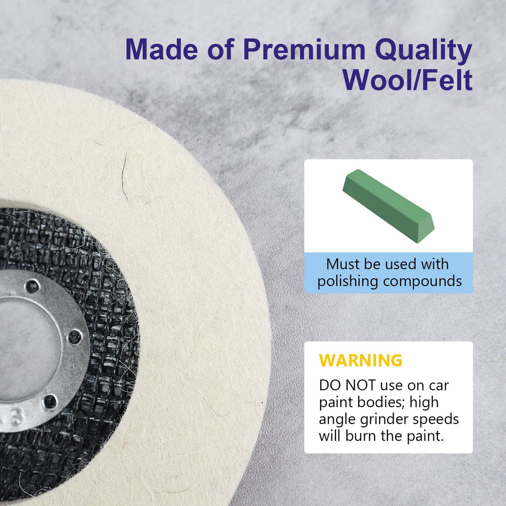 SCOTTCHEN Fiberglass Backing Wool Felt Polishing Wheel Disc,4-1/2" x 7/8" Arbor, for Angle Grinder for Metal Aluminum,Stainless Steel, Chrome, Wood, Plastic, Ceramic, Glass-5 Pack