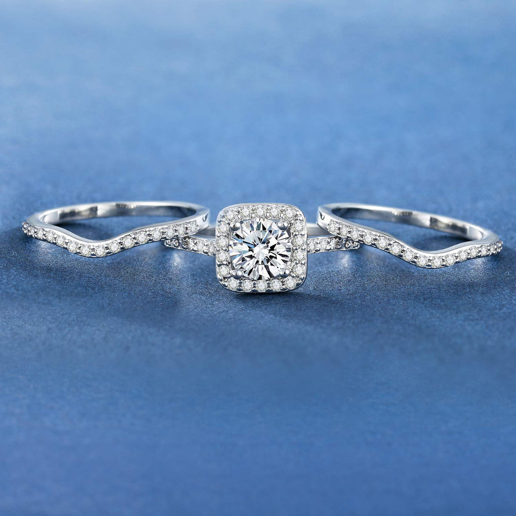 MDFUN 18K White Gold Plated Cubic Zirconia Three-in-One Halo Wedding Engagement Promise Eternity Ring for Women (7)