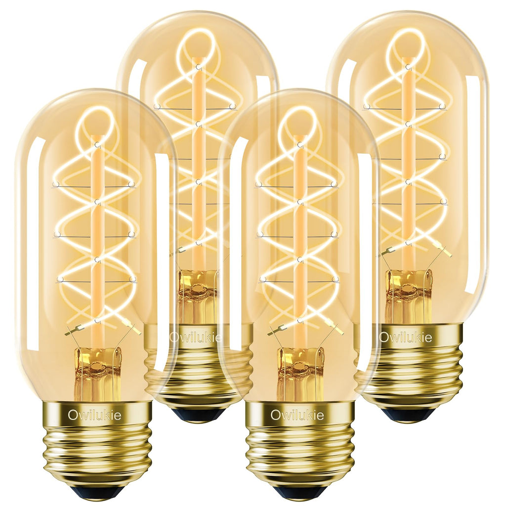 Owilukie E26 LED Bulb 6W Equivalent 60 watt, Vintage Edison Bulbs, Warm White 2700K Amber E26 Edison Bulb dimmable,Tubular T14 T45 LED Light Bulb, AC120V,500lm,CR90+,Glass,Pack of 4