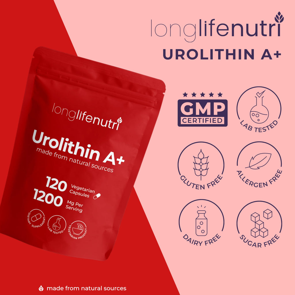 Urolithin A 1200mg - 120 Vegetarian Capsules of Pure Pomegranate-Derived Postbiotic, Third-Party Tested, GMP Certified, No Fillers, Vegan