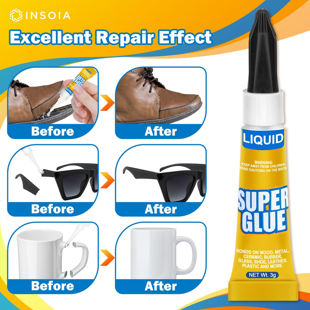 INSOIA Super Glue Liquid Clear, 24 x 3g, All Purpose Single-Use