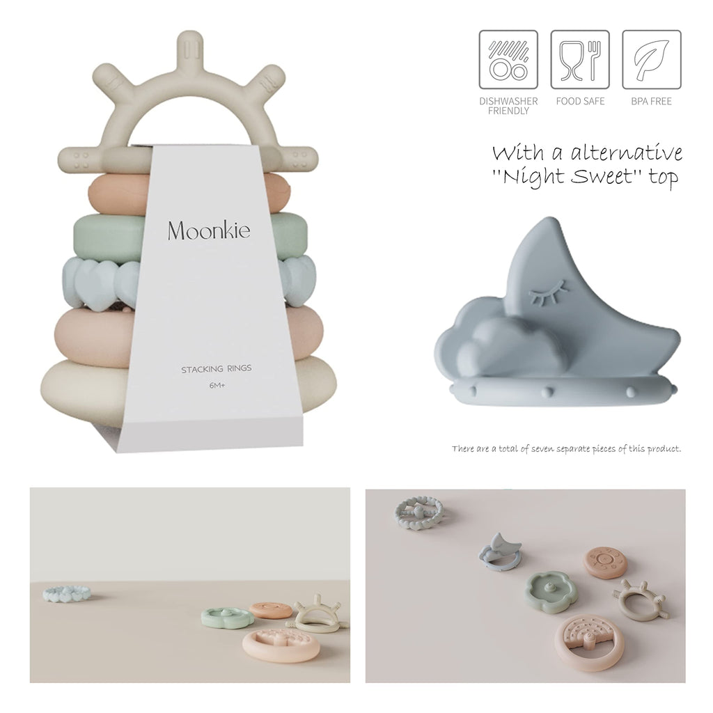 Moonkie Stacks of Circles Soft Teething Toy | Educational Learning Baby Toy | Stacking Ring Toys for Babies Boy and Girl | 7 Piece Teethers Set (Nature)