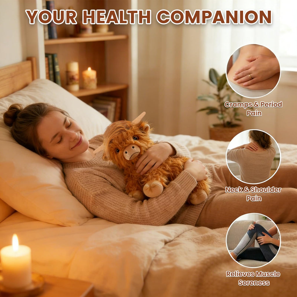 SuzziPals Heatable & Coolable Highland Cow Stuffed Animals Plushie, Microwavable Heating Pad for Soothing & Relaxation, Lavender Scented Cattle Plush Toys for Stress Relief, Stuffed Cow Gifts