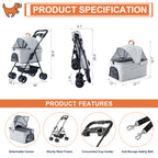 LPOTIUS 3-in-1 Pet Stroller for Small Dogs and Cats, Folding Lightweight Dog Stroller with Detachable Carrier Portable Cat Puppy Jogging Stroller with Cup Holder and Storage Basket, 4 Wheels