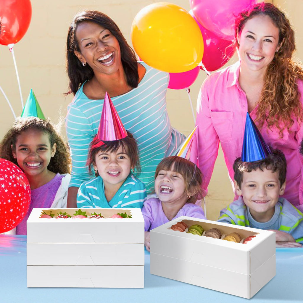 ZORRITA 30 Pack Auto Pop-up Cookie Boxes with Window, 12.5" x 5.5" x 2.5" White Bakery Boxes Treat Boxes for Chocolate Covered Strawberries, Cake Pops, Donuts, Cocoa Bombs, Sugar Cookies, Pastries