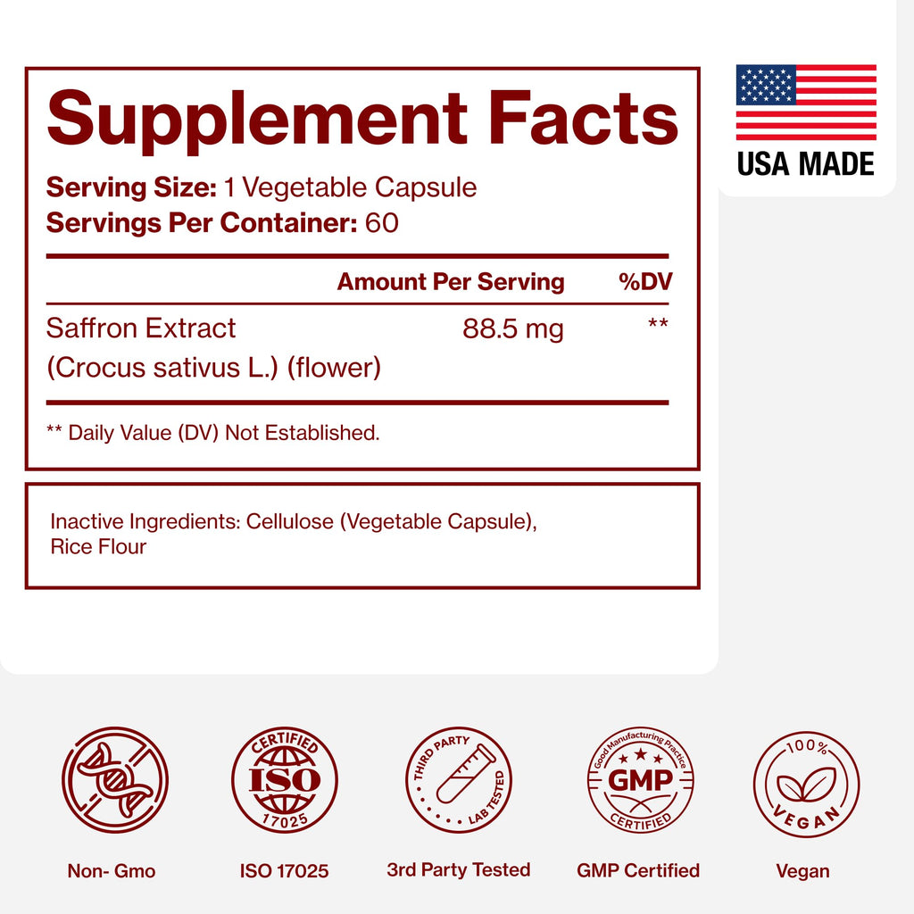 Saffron Supplements - 100% Pure Saffron Extract Capsules - Boost Energy & Mood, Support Eye & Heart Health