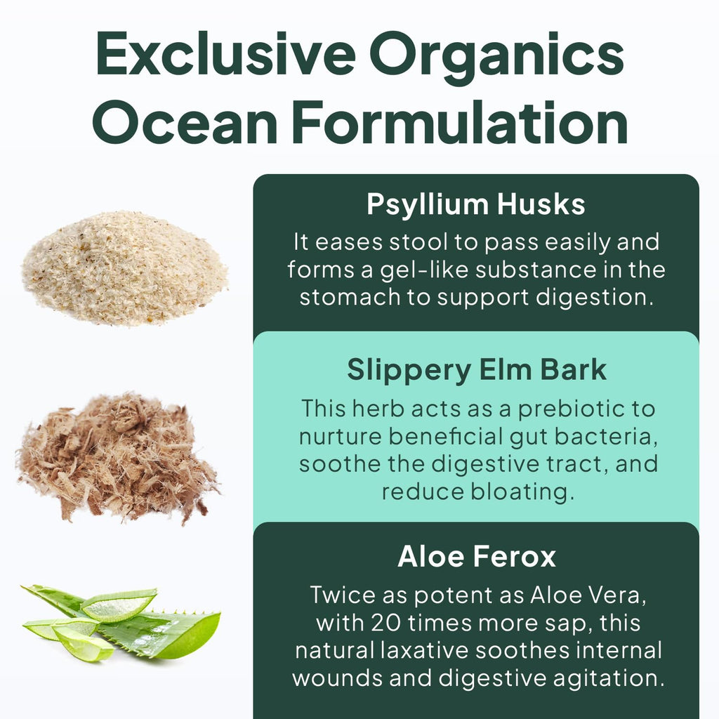 Organics Ocean Better Fiber - Daily Fiber Supplement - Soften Stool for Effortless Bowel Movements - with Psyllium Hulk and Slippery Elm - 3 Bottles
