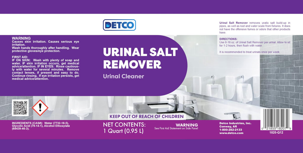 DETCO Urinal Salt Remover Concentrate - Safe on Pipes and Plumbing, Odor Control, Cleans Rust, Scale, and Uratic Salt Build-Up, 1 Quart