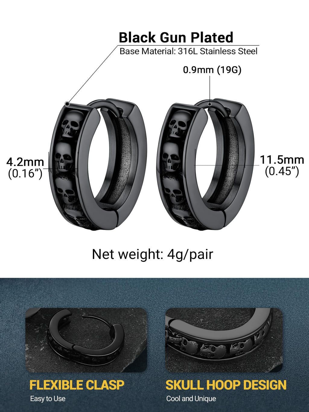Black Skull Hoop Earrings For Men Gothic Goth Jewelry Stainless Steel Small Hoops Cool Earrings