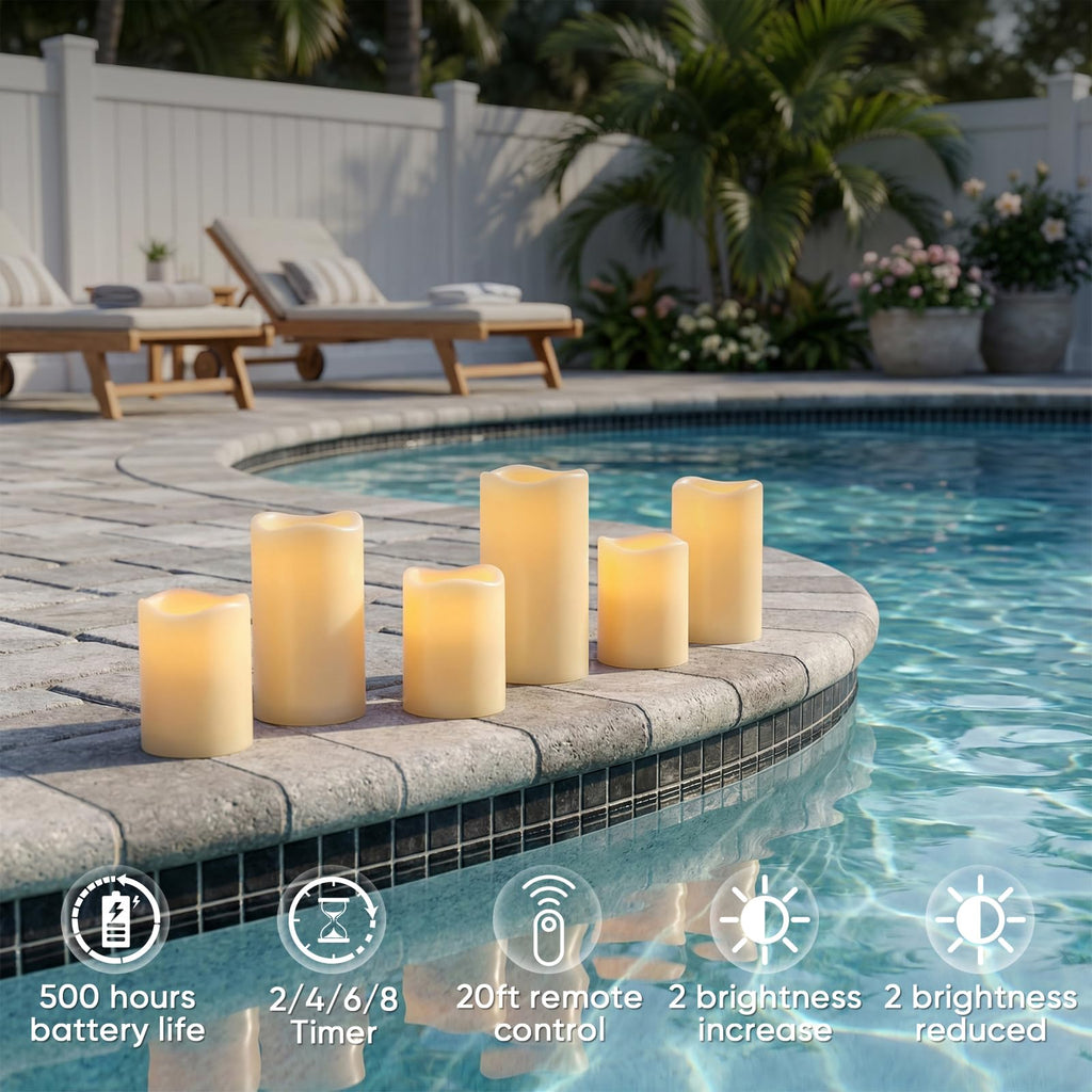 Amagic Waterproof Outdoor Flameless Candles with Timer, Battery Operated Candles with Remote Control, Electric LED Pillar Candle for Outside Patio, Garden, Wedding Decor, D3 x H4 5" 6", Set of 9