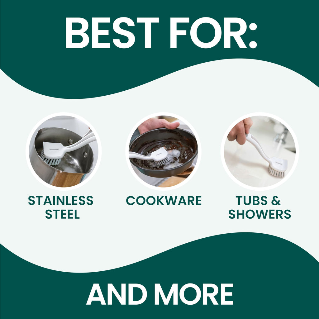Scotch-Brite Pot + Pan Brush, Durable and Long Lasting Dish Brush with Handle for Scrubbing Stainless Steel, Outdoor Furniture, and Sinks Without Scratching, Antimicrobial, and Rinses Clean