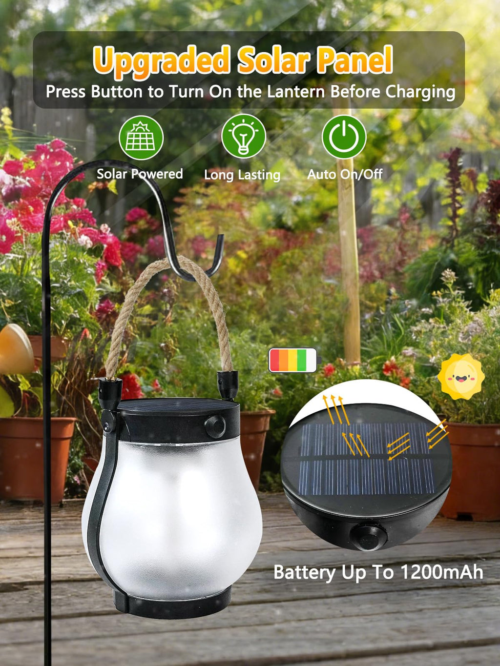 1 Pack Solar Lights Outdoor Waterproof, Solar Lantern with Dancing Flame, 2 Lighting Modes, Dual Charging USB & Solar Powered, with Hanging Rope Handle for Patio Yard Garden Tree Tabletop Decor