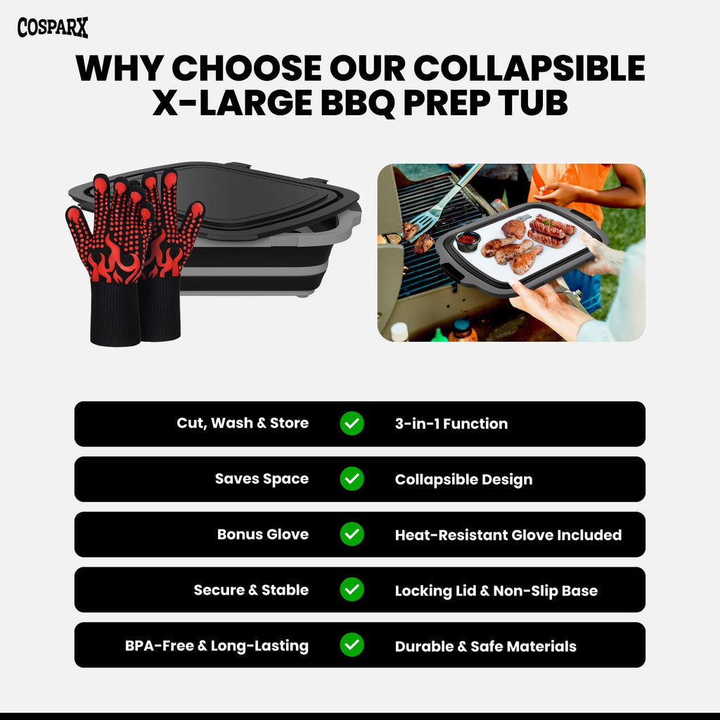 XL Collapsible BBQ Prep Tub with Cutting Board & Drain Plug – Portable Food Prep Station for Kitchen, Camping & Grill – Dishwasher Safe, Space-Saving Design – Heat-Resistant Glove Included (2-pack)