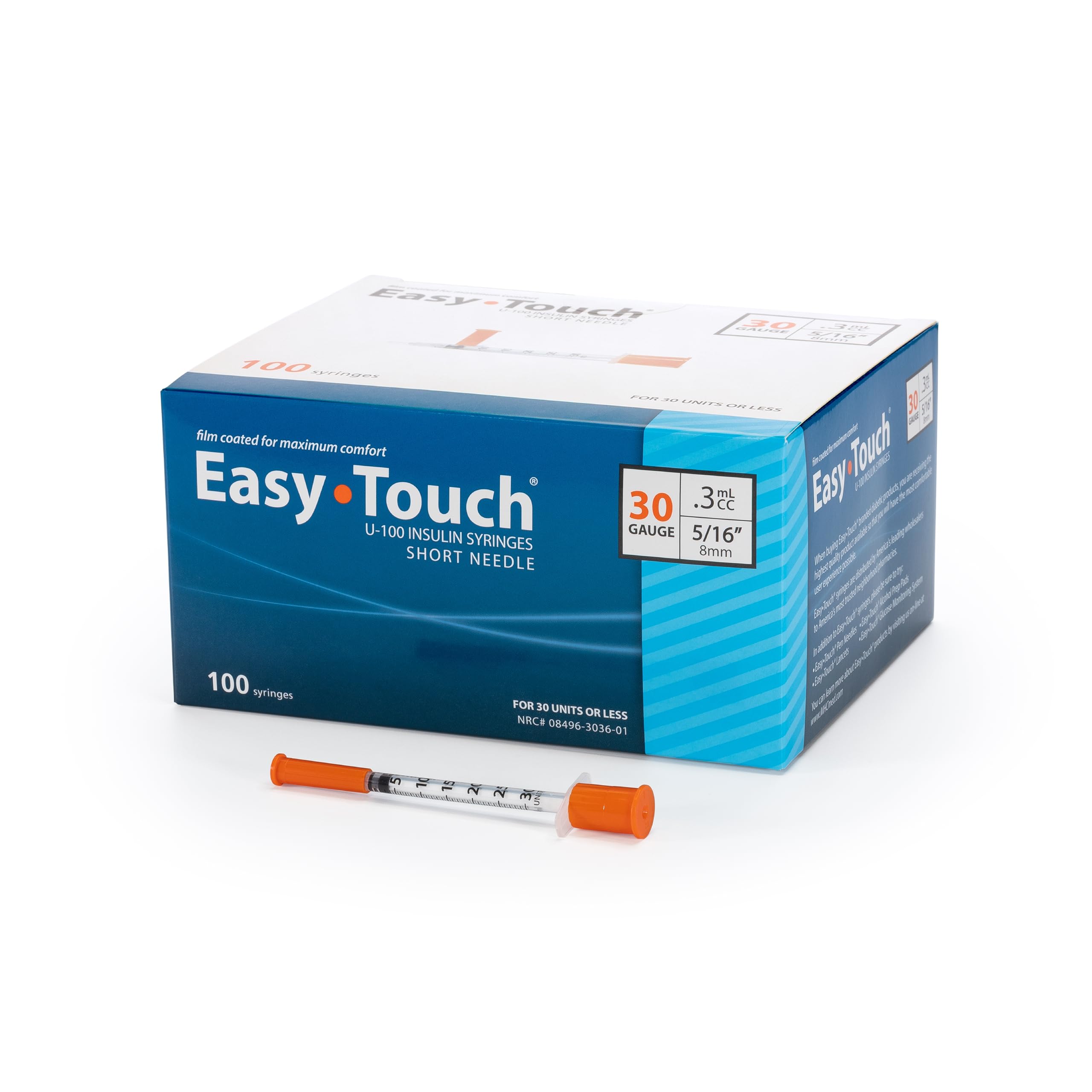 EasyTouch U-100 Insulin Syringes (30G 0.3cc 5/16") - 100ct.