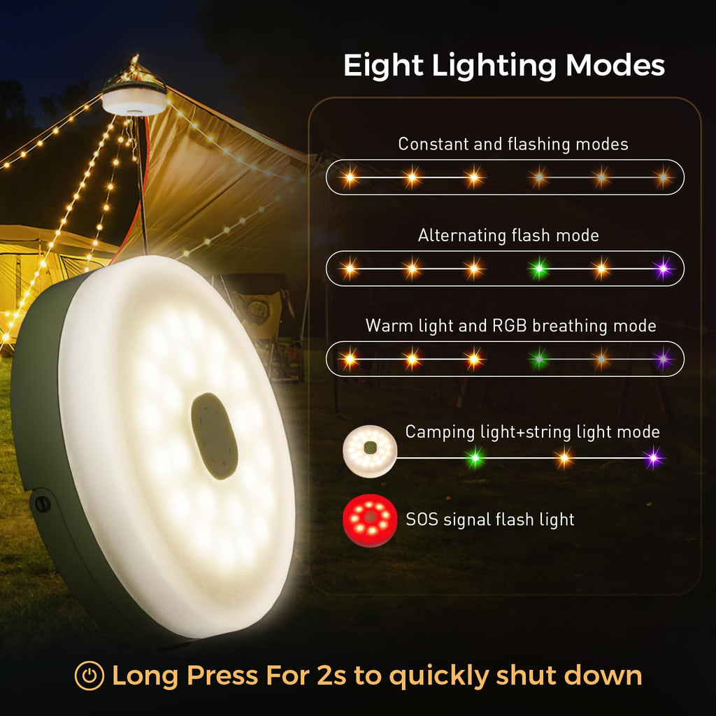 KUQIHUG Camping String Lights, Quick Storage 32.8FT Rechargeable Tent Lights with 8 Modes, Hanging Waterproof Portable LED Lamp for Outdoor Patio Awning Garden Party Camping Essentials