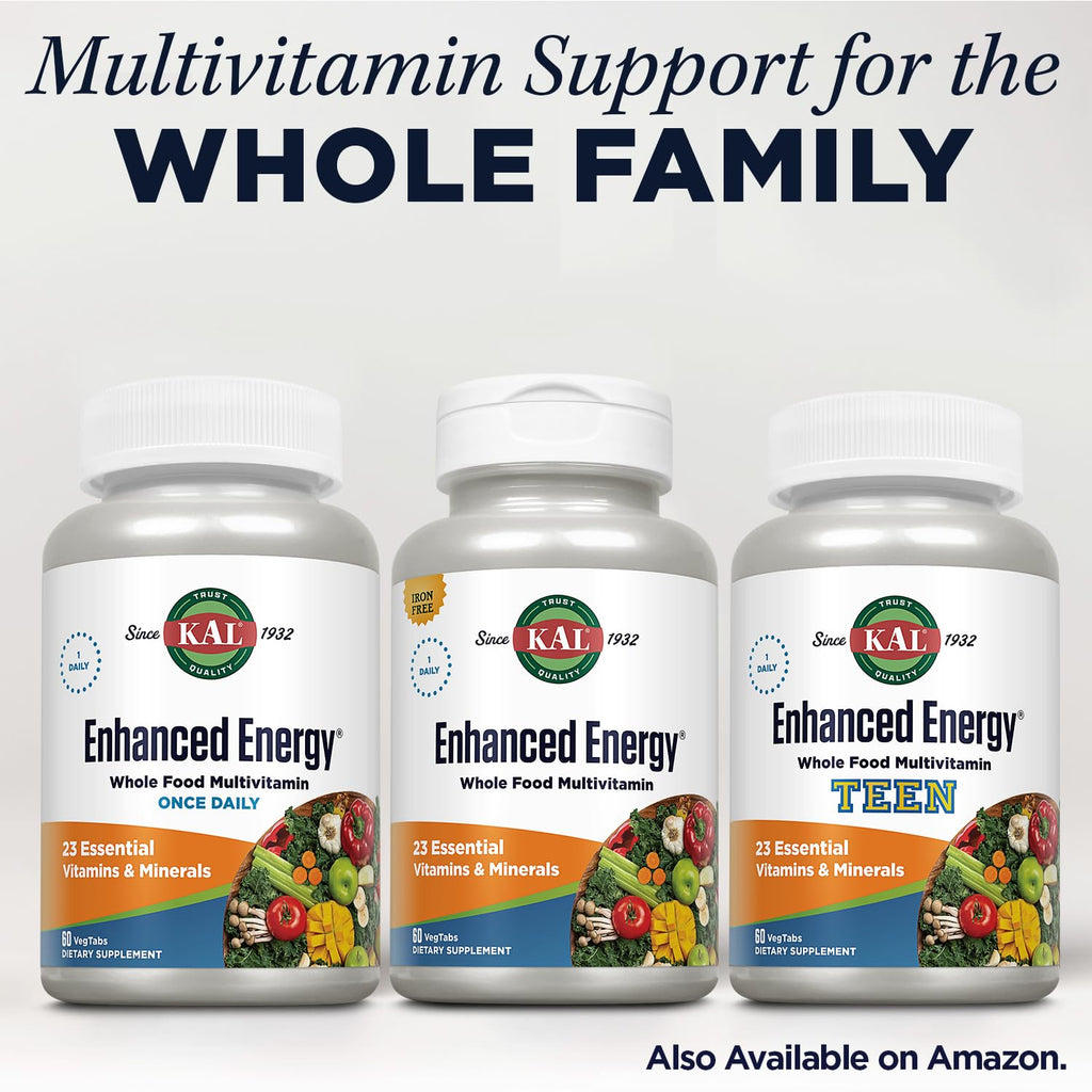 KAL Enhanced Energy Supplement - Whole Food Multivitamin for Men & Women, Wholesome Support from Greens, Fruits, & Vegetables, Energizing Blend for Adults - 60 Count VegTabs