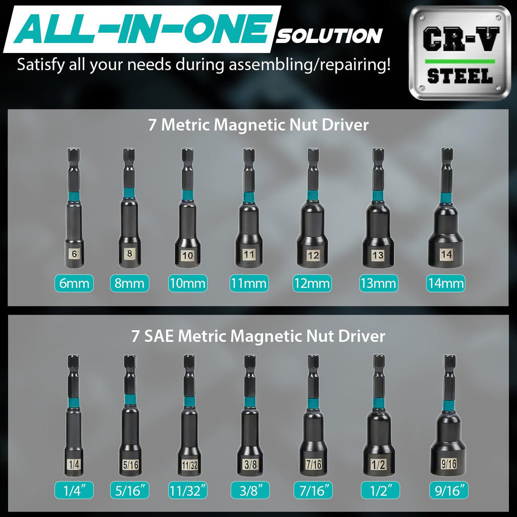 21-Piece Magnetic Nut Driver Set, Impact Drill Driver Bits with 1/4" Hex Shank, SAE & Metric Cr-V Steel Impact Nut Drivers, Quick-Release Bit Holder, and Storage Bag