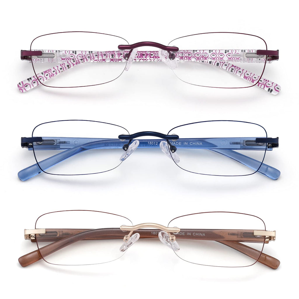 LOVIVY 3 Pack Rimless Reading Glasses for Women Blue Light Blocking Readers Tinted Edge Spring Hinge Pattern Print Arm Eyeglasses Mix 2.25