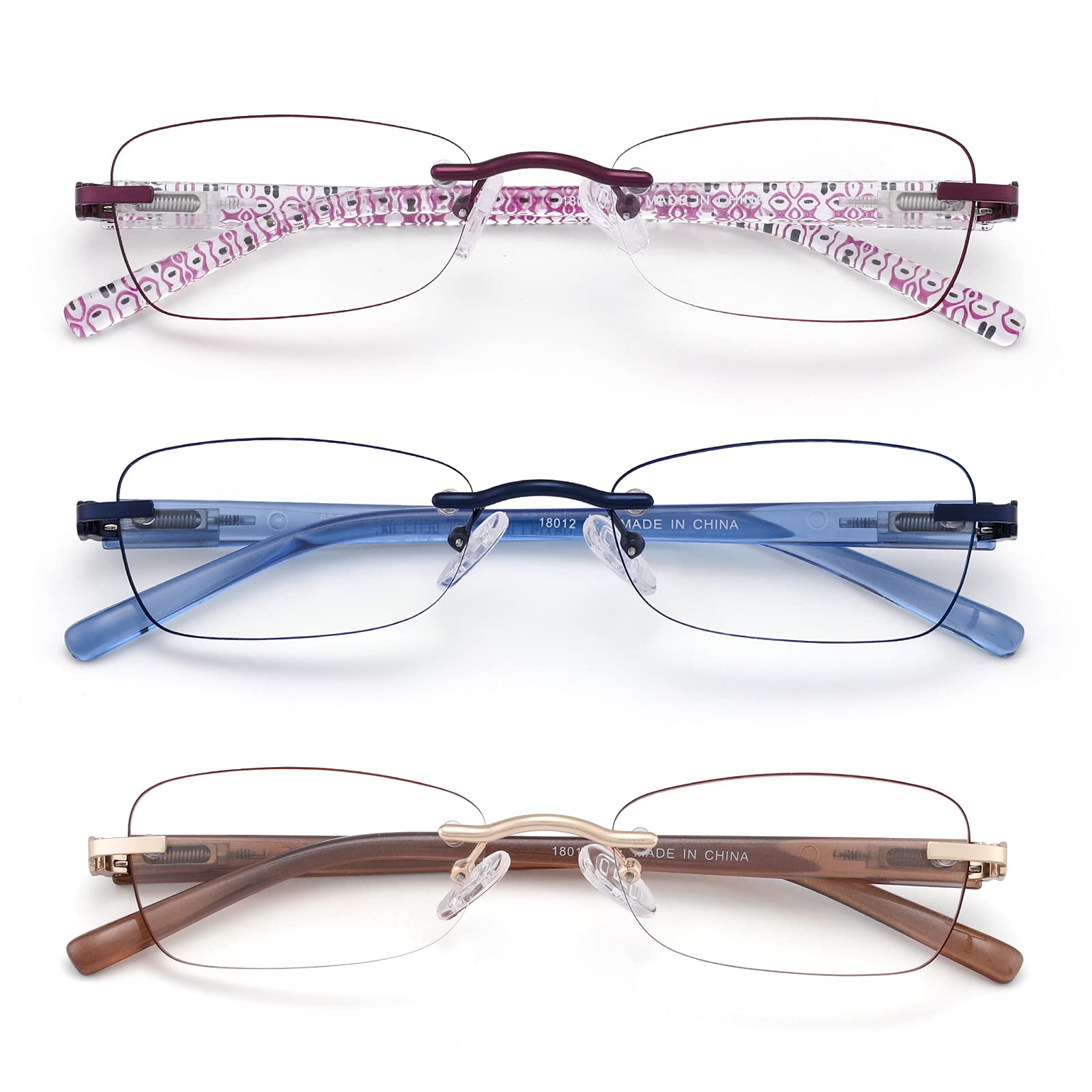 LOVIVY 3 Pack Rimless Reading Glasses for Women Blue Light Blocking Readers Tinted Edge Spring Hinge Pattern Print Arm Eyeglasses Mix 2.25