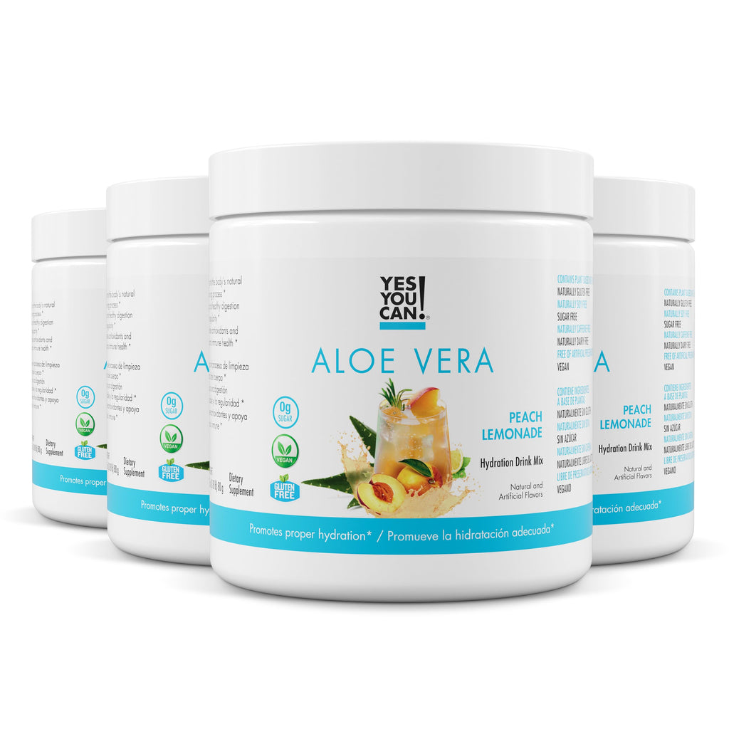 Yes You Can! Aloe Vera Powder Drink Mix - Hydration Booster Infused with Pure Organic Aloe Vera Extract - Delicious Flavors - Made in USA - Antioxidant Rich - Peach Lemonade Flavor - 40 Servings Per Canister (4 Pack)