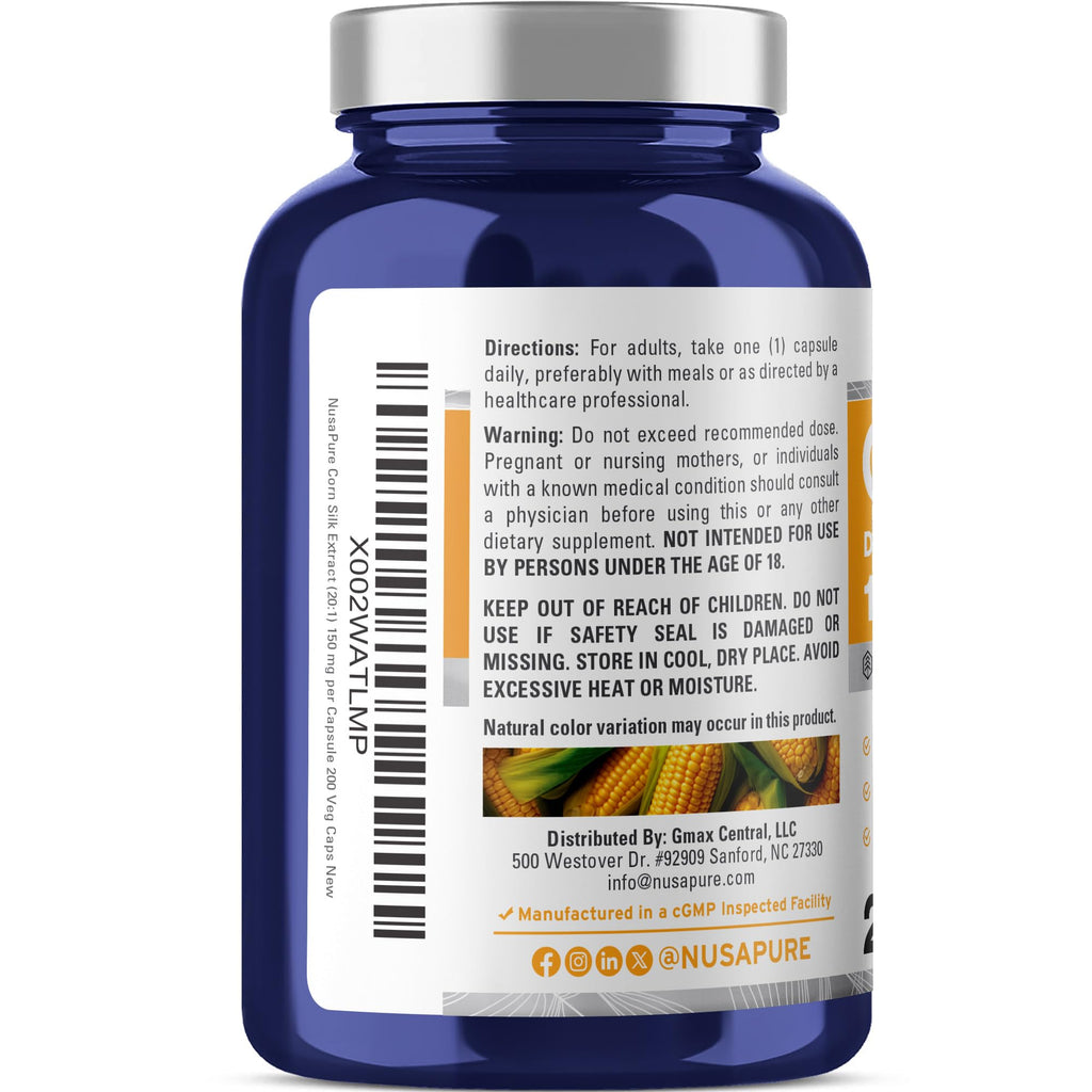 NusaPure Corn Silk Capsules, 150 mg, 200 Veg Capsules (Non-GMO, Vegan)