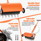 Hubiiett 24 Inch Rolling Lawn Aerator, Heavy Duty Manual Aerator Tool, Up to 70 lbs, Push Spike Aeration Tool with 42 Spikes, Suitable for Lawns, Garden, and Yard Grass Aeration [Orange]