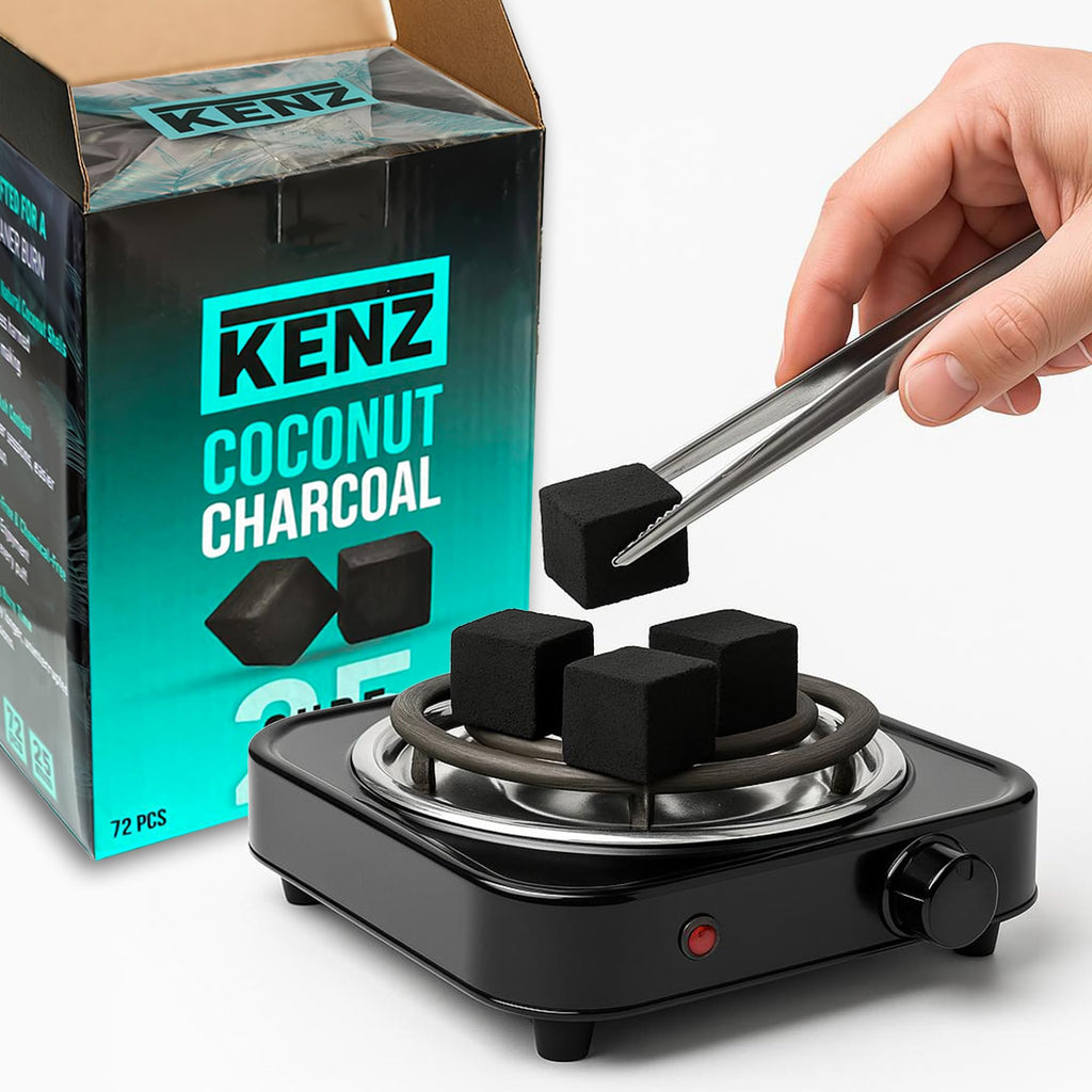 KENZ Coconut Charcoal Cubes 25 mm — 100% Natural, Low Ash, 72 pcs