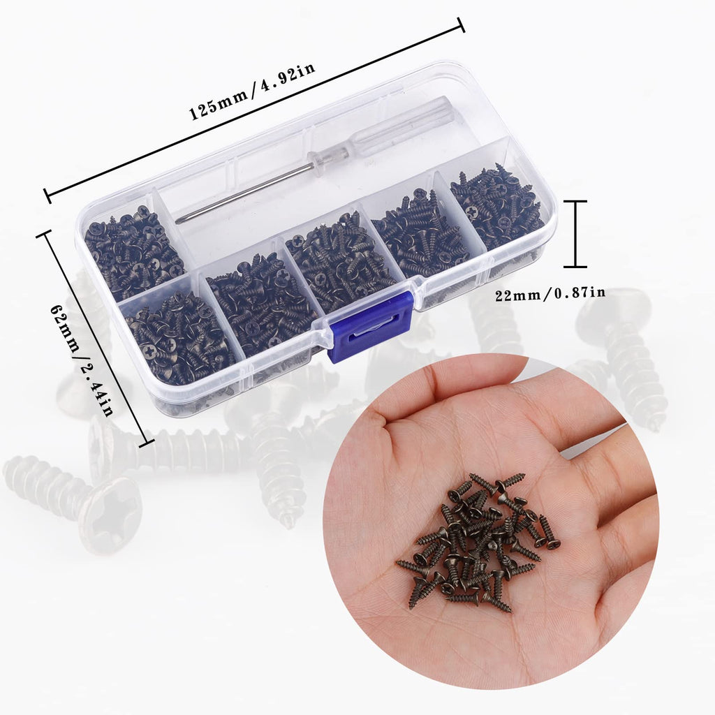 Roosea 1000 Pcs M2 Small Hinge Wood Screws 5/6/7/8/10 mm Tiny Flat Head Cross Bronze Small Screws with Screwdriver for DIY Hinge Dollhouse Drawer Accessories（Bronze
