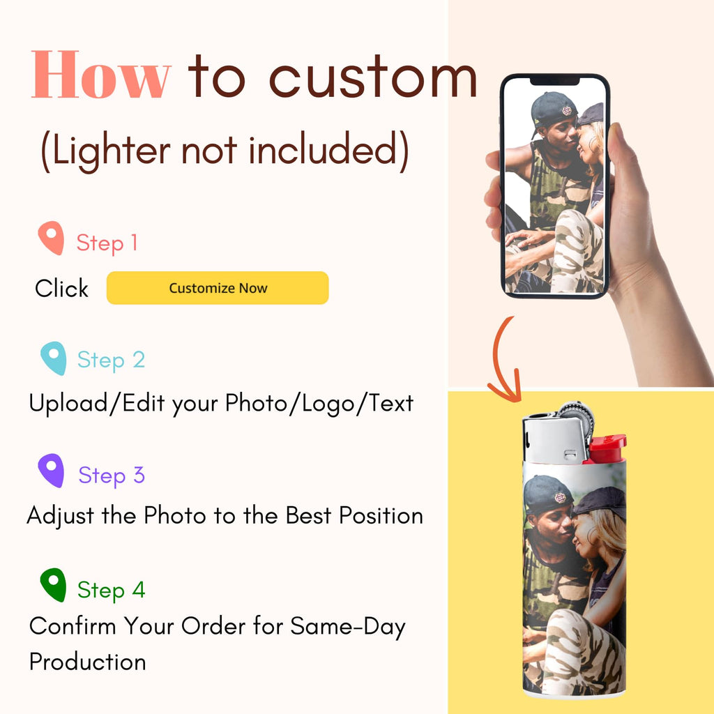 Custom Lighter Stickers with Own Pictures, Personalize Lighters PVC Film Wraps Reusable up to 3 Times - 6 Pack Upload 6 Photos Suitable for Bic Pocket Lighter Ideal for Gifts