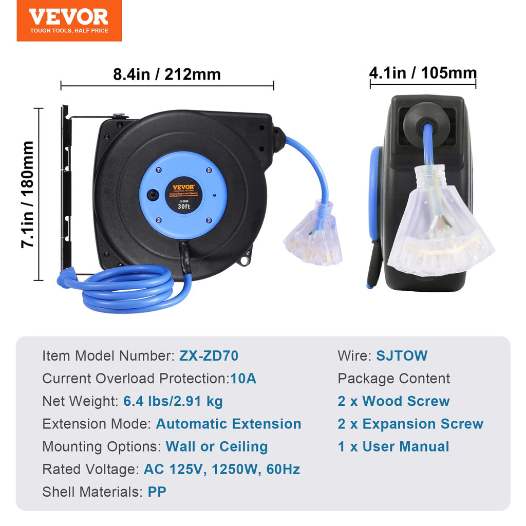 VEVOR Retractable Extension Cord Reel, 30 FT, Heavy Duty 16AWG/3C SJTOW Retractable Power Cord Reel with Lighted Triple Tap Outlet 10 Amp Circuit Breaker, for Ceiling or Wall Mount, Blue