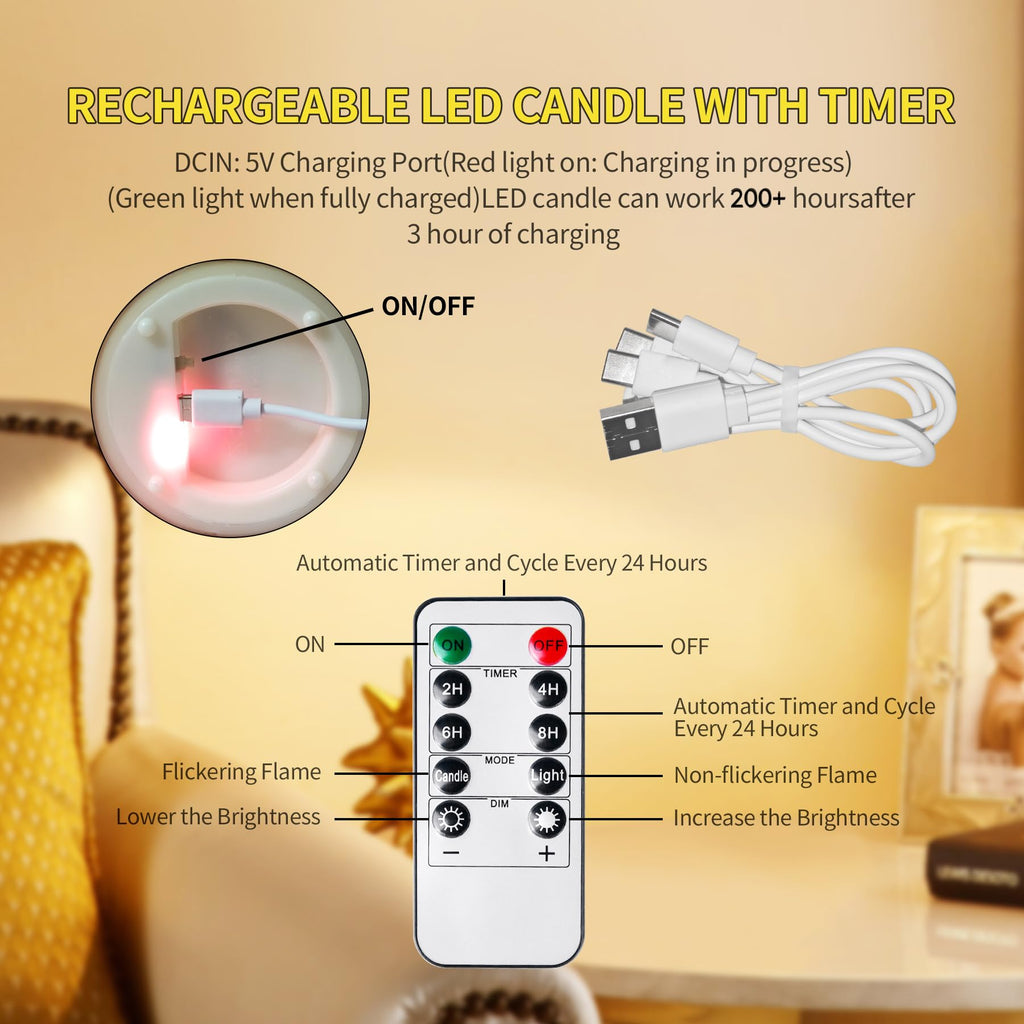 200 Hours Glass Rechargeable Flickering Flameless Candles with Remote3