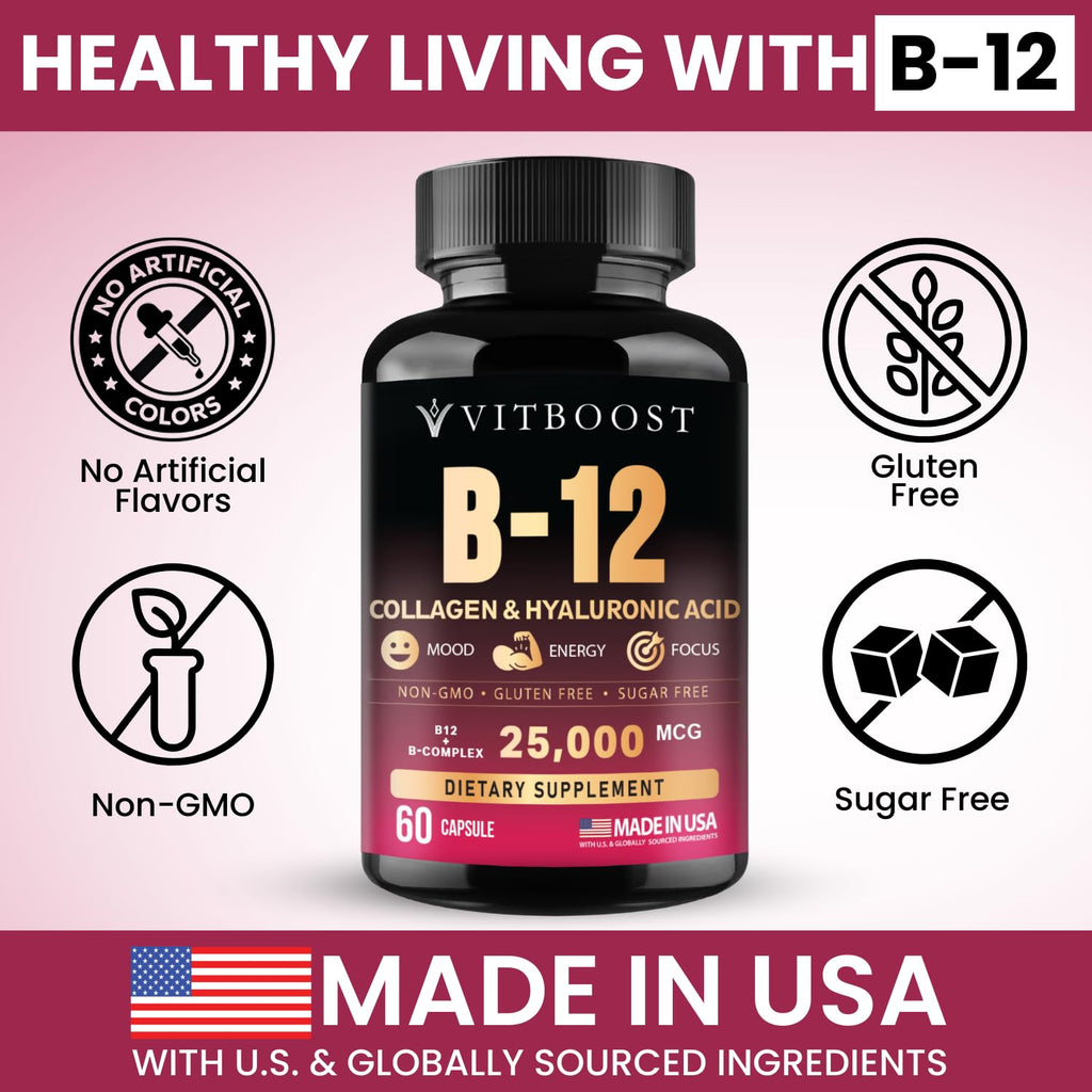 B12 with Hyaluronic Acid, Collagen and Folate – 25000 mcg B12 Complex | Maximize Absorption & Energy | Gluten Free USA Made, B1, B2, B3, B6, B7, B12 vitamins 5000 mcg Methylcobalamin - 60 Capsules