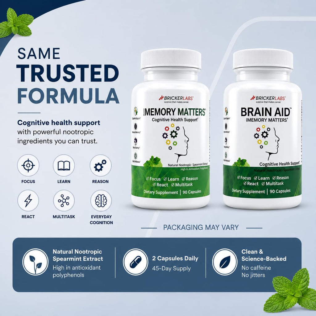 Bricker Labs Brain Aid Memory Matters – Nootropic Brain Supplement with Neumentix Spearmint Extract, Supports Memory, Focus, Mental Clarity & Cognitive Performance, Non-Stimulant Brain Health Support