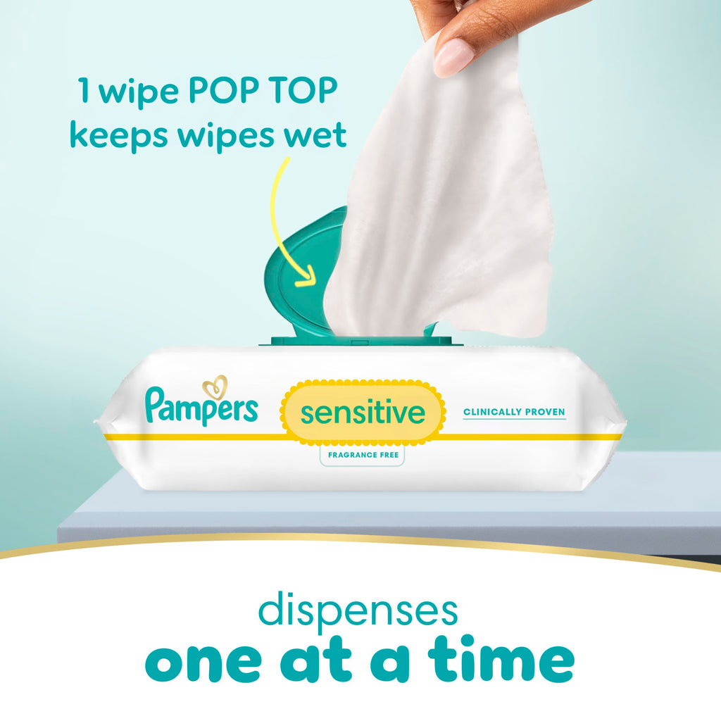 Pampers Sensitive Baby Wipes, Unscented, Fragrance Free, Clinically Proven, Water Based, Hypoallergenic, Multi-Use, Hand Wipes, 504 Wipes Total (9X Flip-Top Packs)