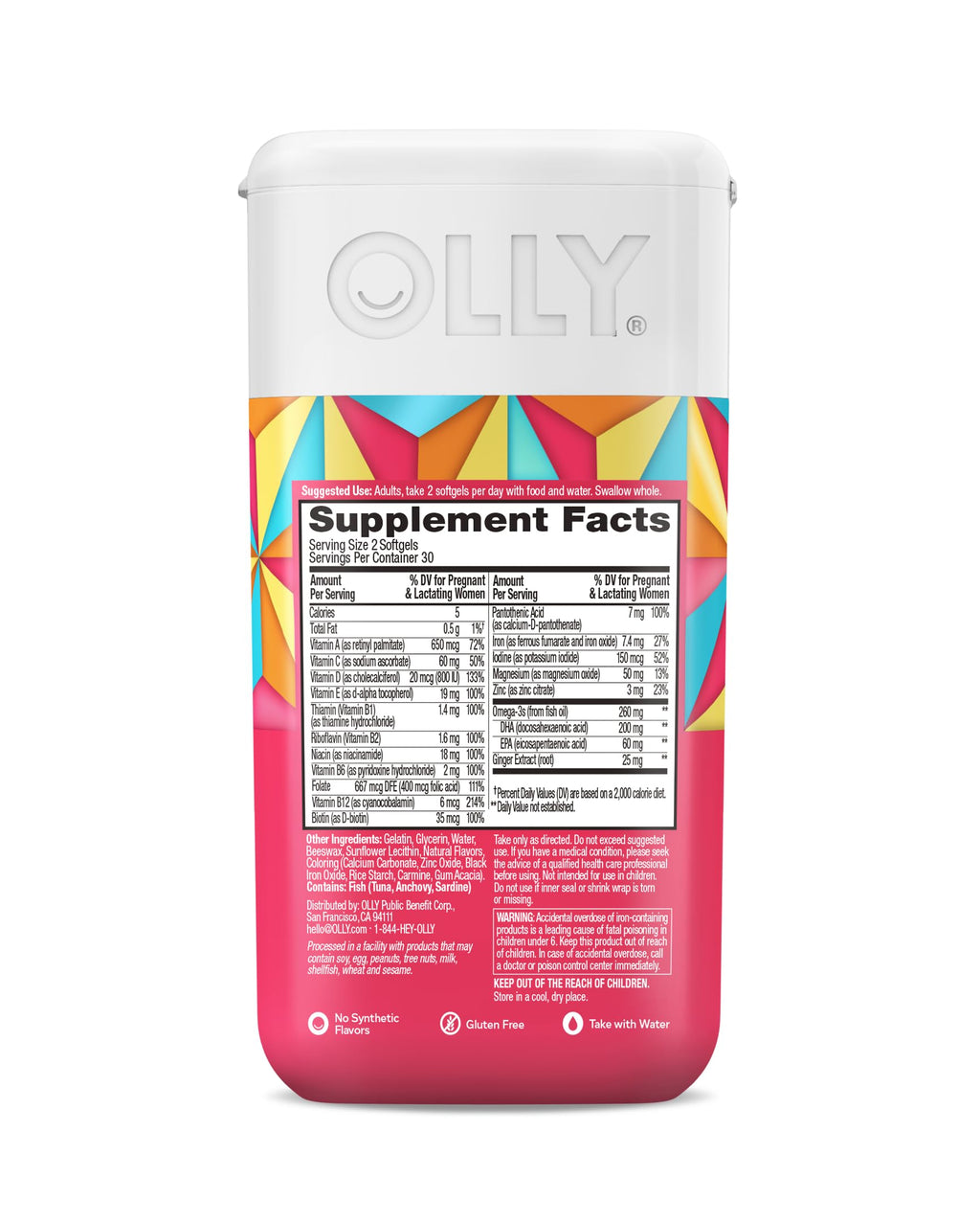 OLLY Ultra Strength Prenatal Multivitamin Softgels, Supports Healthy Growth, Brain Development, Iron, Folic Acid, DHA, Vitamins C, E, 30 Day Supply-60 Count